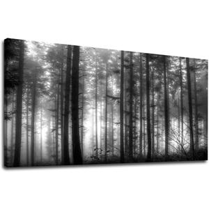 Foggy Forest Wall Art Living Room Wall Decor Black and White Woods Large Canvas Picture Modern Landscape Artwork Big Trees Contemporary Nature Pictures for Living Room Bedroom Home Office Kitchen Wall Decor 29" x 58"