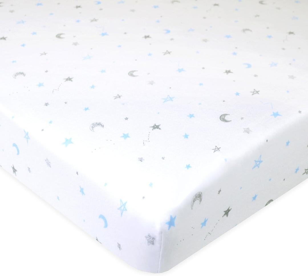American Baby Company 100% Natural Cotton Fitted Mini Crib Sheet 38" x 24" - Soft & Breathable Small Nesting Portable Crib Sheet, Fits Pack N Play Mattresses, Blue Stars and Moons, for Boys & Girls