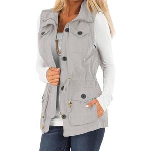 Koodred Women's Casual Military Utility Vest Lightweight Sleeveless Drawstring Jackets with Pockets (Beige), L