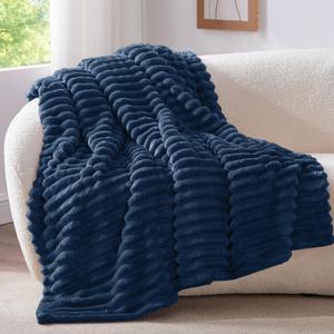 BEDELITE Twin Blanket for Couch & Bed, 300GSM Soft & Warm Fleece Blanket, Decorative and Giftable Striped Navy Blankets for Women, Men, 60"x80"