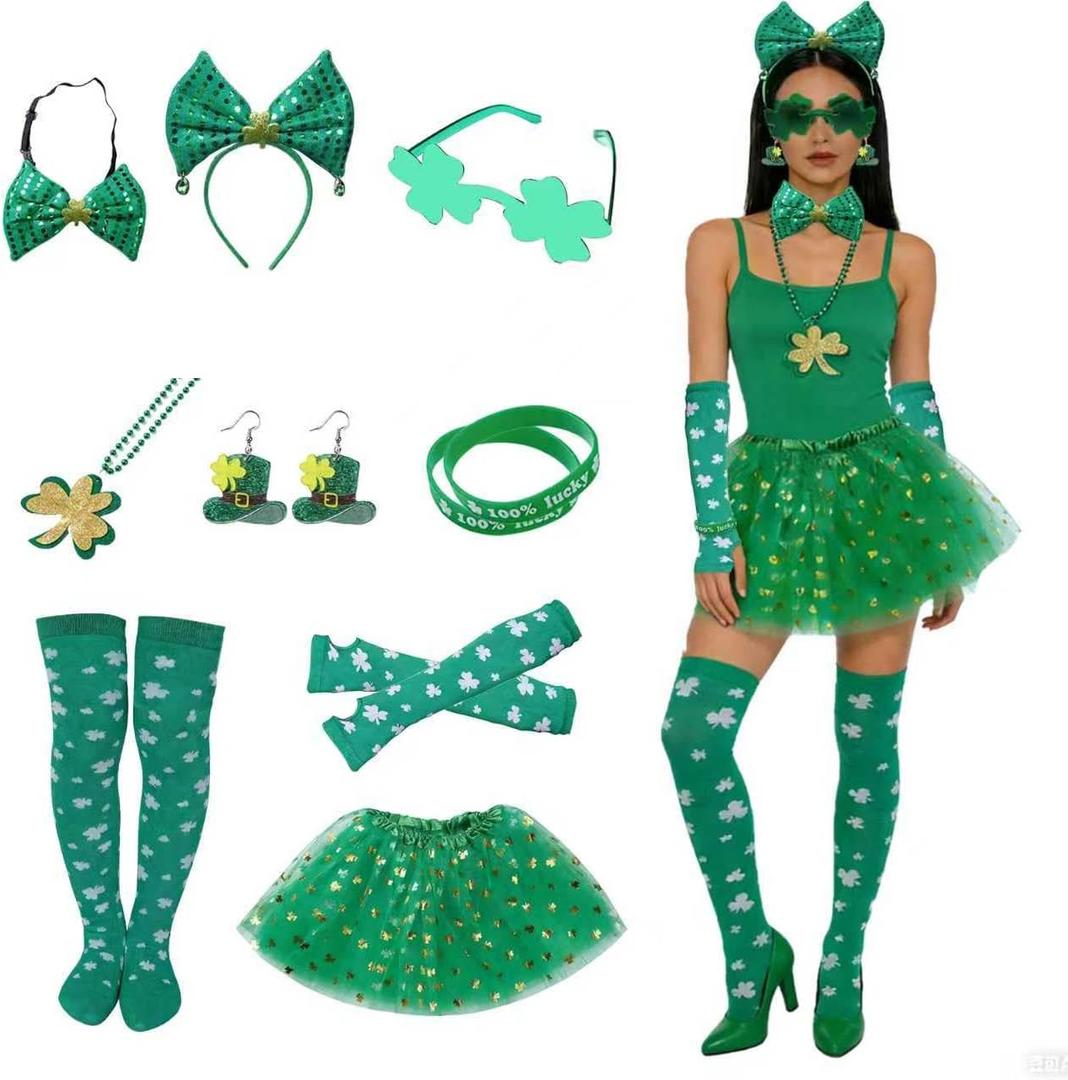 St. Patrick's Day Costume for Girls & Women, Green Shamrock Tutu Skirt with Socks & Accessories (Green)