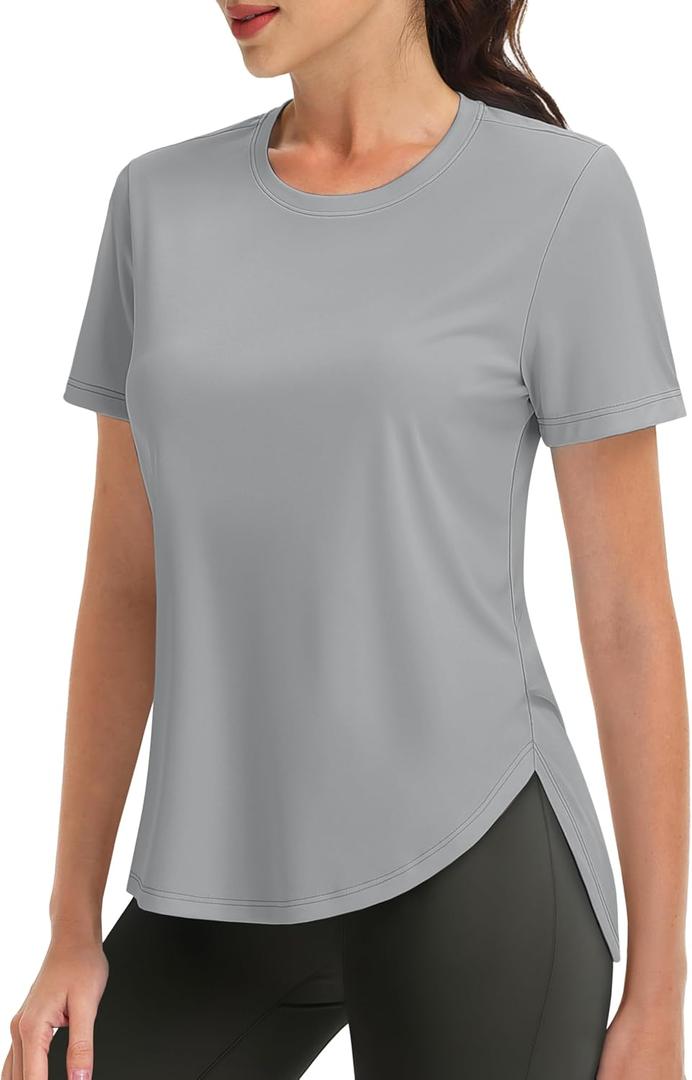 MAGCOMSEN Women Workout Tops Short Sleeve UPF 50+ Sun UV Shirt Quick Dry (Gray, L)