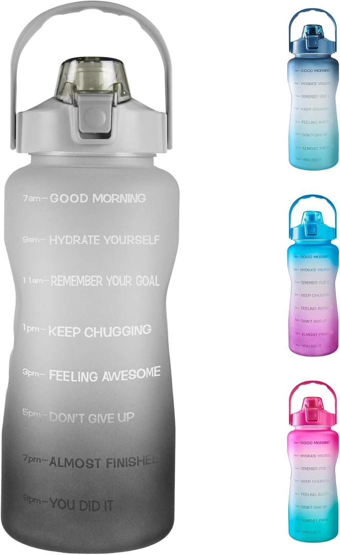 EYQ 64oz/128oz Leakproof Free Drinking Water Bottle with Motivational Time Marker BPA Free for Fitness, Gym and Outdoor Sports (05Black/Gray Gradient)