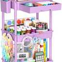 3 Tier Rolling Cart Organizer with Drawer, Bathroom Storage Carts with Wheels & Plastic Shelf, Mobile Storage Organizers for Kitchen, Office, Laundry Room, Baby, Snack, Craft, Makeup, Purple