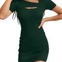 Valiamcep Summer Mini Bodycon Dress for Women Sexy Cutout Square Neck Short Sleeve Ribbed Knit Fitted Casual Pencil Tee Shirt Dresses Dark Green M