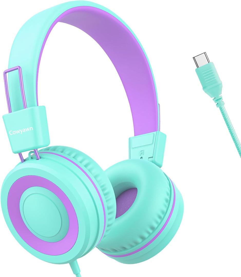 USB Type C Kids Headphones for School, Wired Toddler Headphones, 94dB Volume Limited, HD Stereo Sound, Foldable Lightweight On-Ear Wired Headphones for Kids/Children/Teens/Boys (Purple Green)