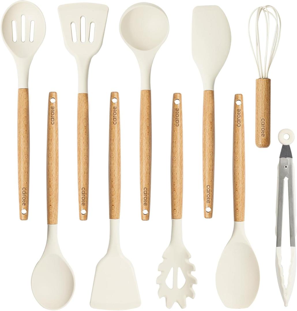 CAROTE Silicone Cooking Utensils Set, Kitchen Utensils Set 10 Pcs for cooking, BPA Free Spatula Set with Heat Resistant Wood Handles for Nonstick Cookware (Cream White) (Basic)
