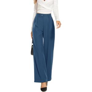 FUNYYZO Wide Leg Pants Women's High Elastic Waisted in The Back Business Work Trousers Long Straight Suit Pants (X-Large Short, 006# Denim Blue (Thick))