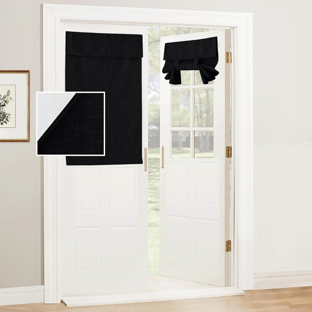 RYB Home 100% Blackout Door Curtains for Classroom, Linen Textured Privacy Easy Blinds Shades for Nana Entrance Way Glass/French Door, W 26 x L 40 inches, Textured Black, 1 Panel