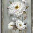Rustic Floral Framed Wall Art: Modern White Flower Oil Painting Abstract Botanical Picture Vintage Blossom Wood Prints Artwork for Living Room Bedroom Farmhouse, 16"L x 24"W