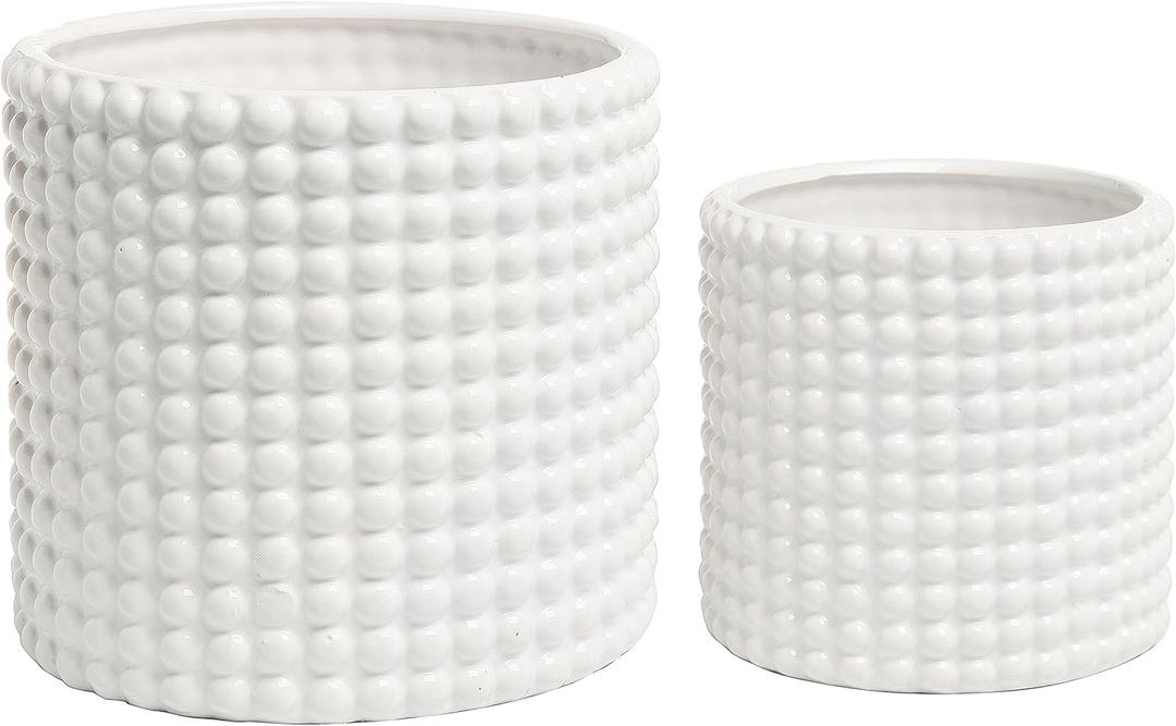 MyGift 6 Inch Ceramic Round Planter Pot, 1 Pack Vintage-Style White Ceramic Flower Pots, Indoor Hobnail Textured Cylindrical Succulent Plant Containers