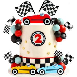 Race Cake Toppers with Acrylic Red Yellow Blue Car Black Red Blue Balls Flags Set for Birthday Party