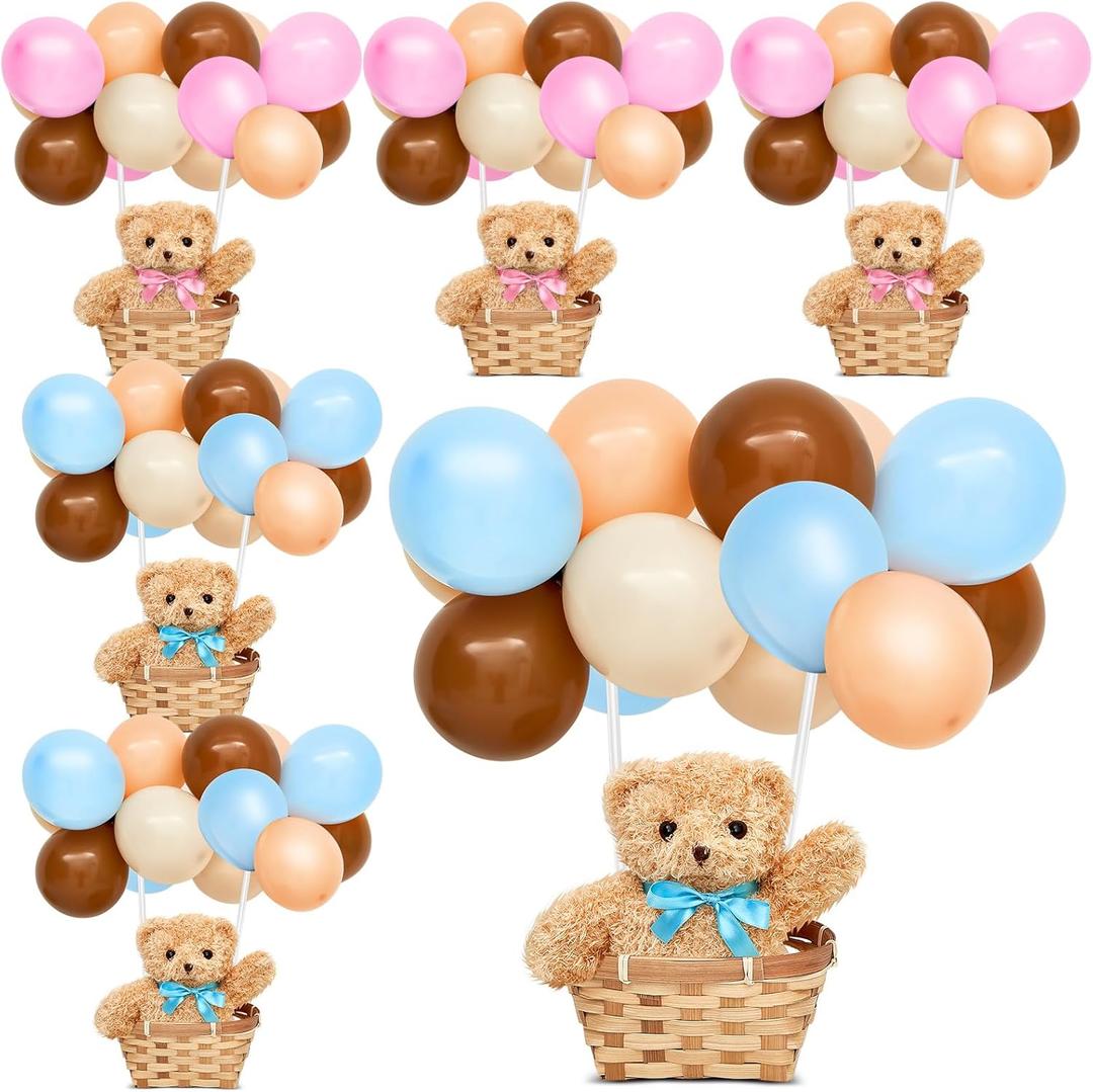 Hollowfly 6 Set Bear Baby Shower Party Centerpieces Table Decoration 6 Gender Reveal Stuffed Plush Bears 6 Bamboo Baskets 60 Colorful Balloons 12 Balloon Stands Birthday Party Wedding(Blue, Pink)