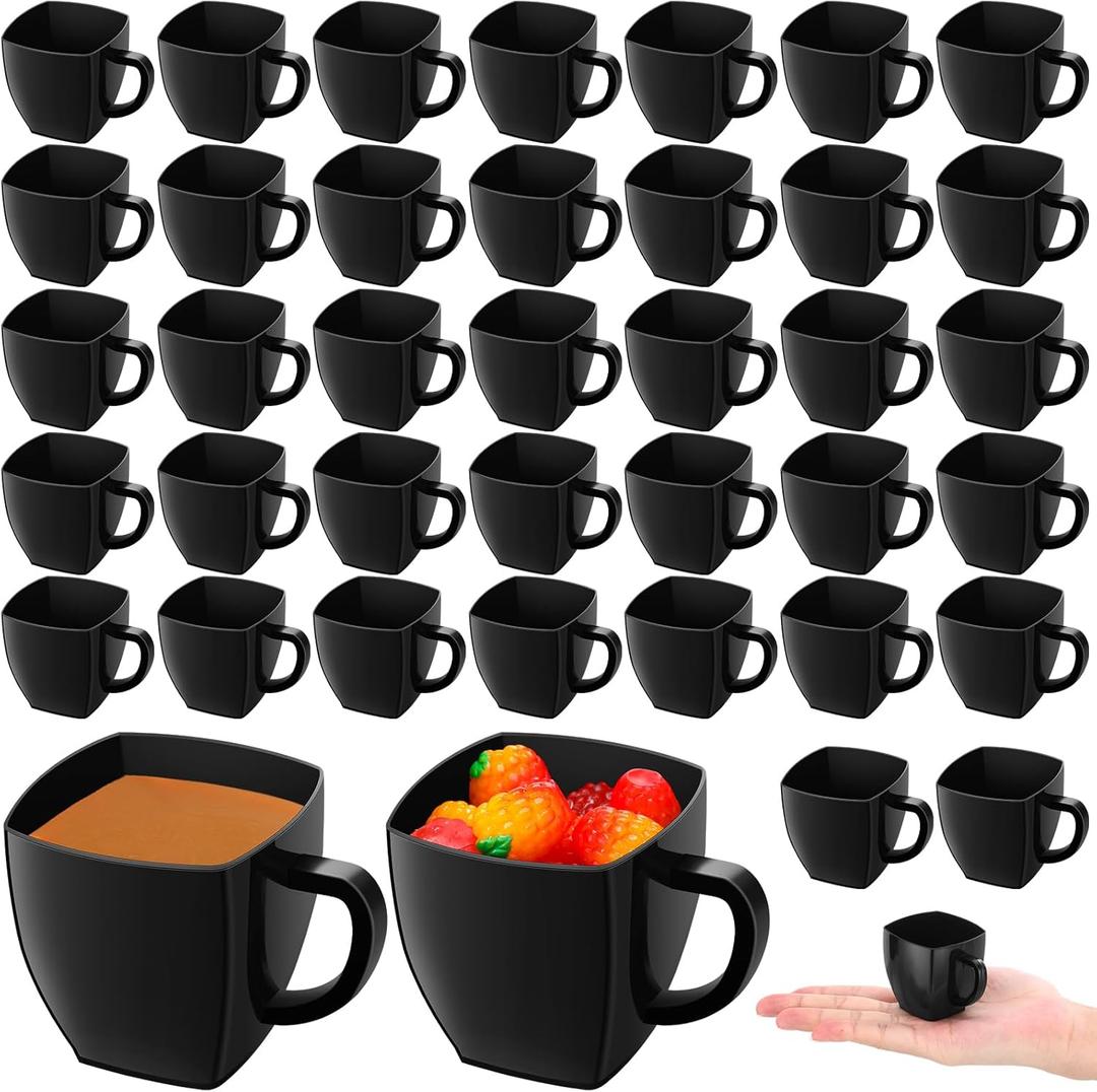 Amyhill Mini Disposable Tea Cups with Handle, 2oz Hard Plastic Coffee Mug Bulk Plastic Square Disposable Espresso Cups for Wedding Tea Party Catering Dessert Sampling(Black,100 Pcs)