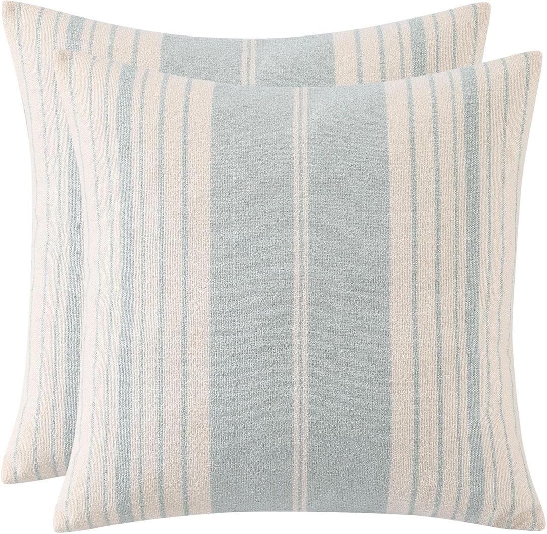 Blue Striped Pillow Covers 18x18 inch Pack of 2 Boho Throw Pillow Covers Couch Coastal Decorative Pillow Cases Woven Textured Neutral Boho Stripes Cushion Cover Farmhouse Spring Summer Decor