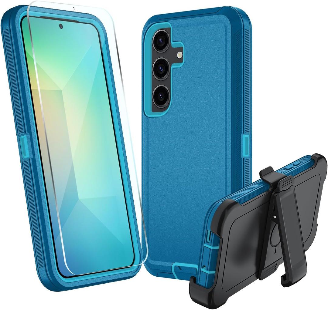 for Samsung Galaxy S25 Case, S25 Heavy Duty case, [Belt Clip Holster] [Glass Screen Protector] [Military Grade Protective ] [Shockproof] [Dropproof] [Dust-Proof] (with Belt Clip, Lake Blue)