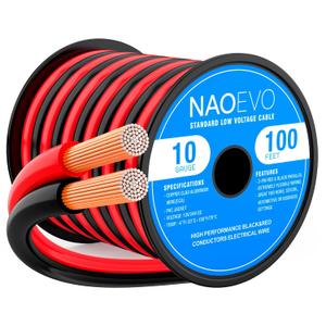 NAOEVO 10 Gauge Wire 100FT, 2 Conductors Electrical Wire Red Black Cable, Flexible/Low Voltage/PVC 10 AWG Copper Clad Aluminum Extension Cord for Speaker, LED Strips, Automotive 12V/24V DC