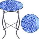 Arbuxzuy 12 Inch Small Outdoor Side Table with Blue-White Mosaic, Glass Mosaic Patio Table Indoor, Round Plant Coffee Table for Living Room, Balcony, Garden