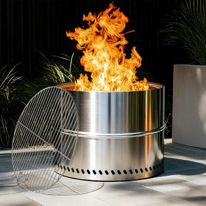 HGD 20 Inch Smokeless Firepit with Grill, Portable Wood Burning Fire Pit for Camping & Backyard, Stainless Steel Outdoor Fireplace with Travel Bag, Easy Setup & Compact Storage - Foldable Design (Silver)