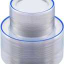 BESTSTAR 200PCS Blue and Clear Plastic Plates, Blue Disposable Plate Set with 100 Dinner Plate and 100 Dessert Plates for Party, National Day