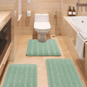 ACCUMTEK Tauso Striped Sage Green Bathroom Rug Set 3 Pieces Ultra Soft, Non Slip Chenille Toilet Mat, Absorbent Plush Shaggy Bath Mats for Bathroom, Bedroom, Kitchen