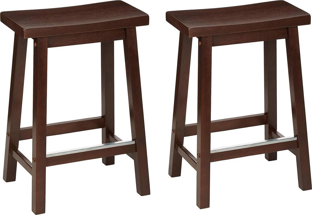 Amazon Basics Solid Wood Saddle-Seat Counter Height Bar Stools for Kitchen Island with Footrest, 24-Inch Height, Walnut, Set of 2