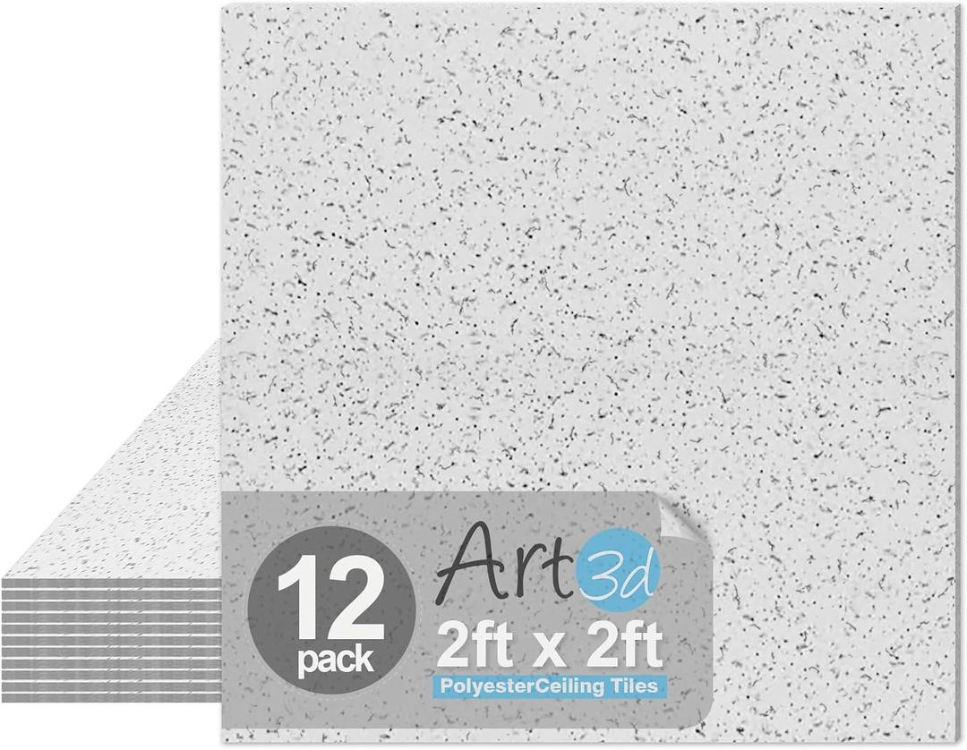 Art3d Pro Drop Ceiling Tiles 2ft x 2ft, 12-Pack Waterproof Polyester Ceiling Panels for Office Basement Kitchen Recording Room, Reusable,Covers 48 Sq.Ft, White Stucco Printing, 24*24 12pcs