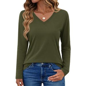 YUCOLEN Long Sleeve Shirts for Women V Neck Casual Tops Loose Fit Soft Basic Tee Business Blouses Fall Fashion Clothes (Green, L)