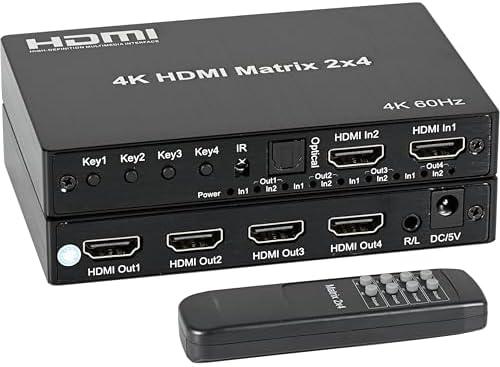 4K 2x4 HDMI Matrix Switch with 3.5mm Stereo Audio Extractor and Audio Optic Output, 2 in 4 Out Video Switcher&Splitter, Support HDMI 2.0 4K@60Hz