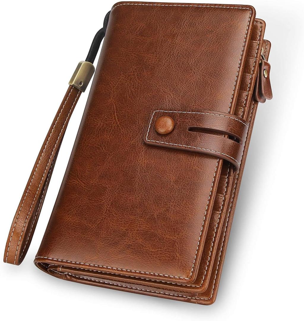 FT FUNTOR Women's Big Fat RFID Blocking Wallet Leather Zip Around Clutch Large Phone Organizer Wristlet (1-brown)