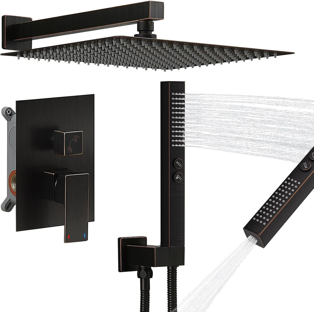 RUMOSE Oil Rubbed Bronze Rainfall Shower System 12 Inch High Pressure Square Shower Head with 2 in 1 Handheld Spray Wall Mount Brass Bathroom Shower Faucet Set with cUPC Certified Rough-in Valve