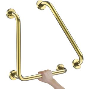 Polished Gold L-Shaped Grab Bar 16x16 Inch + Knurled Shower Grab Rail 20 Inch, Zepolu Stainless Steel Angled Toilet Safety Bar, Bathroom Mobility Aid Handrail, Balance Support Assist Bar for Senior