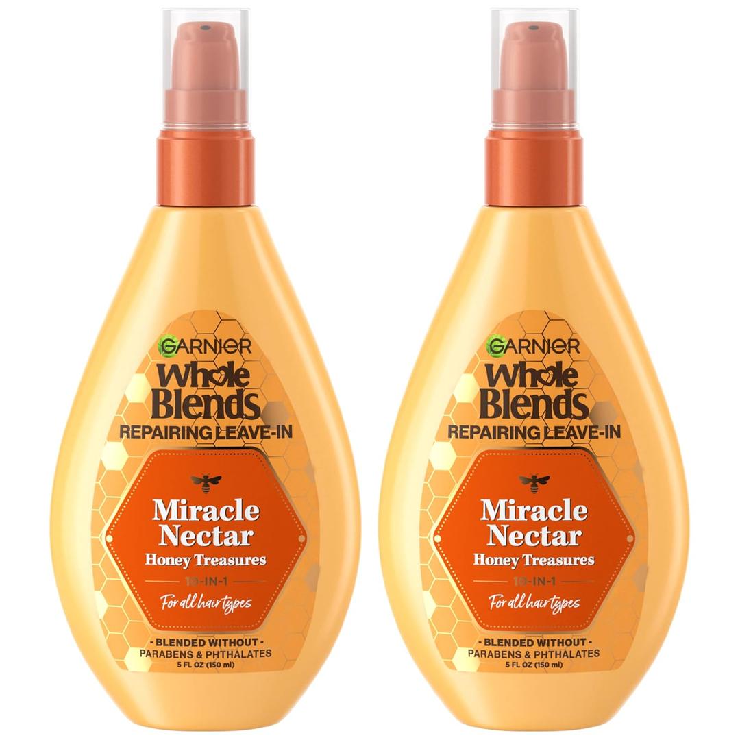 Garnier Whole Blends Sulfate Free Remedy Miracle Nectar 10-in-1 Repairing Leave-In Conditoner for All Hair Types, Honey Treasures, 5 Fl Oz, Count of 2