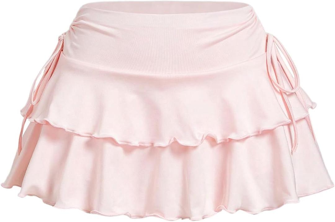SOLY HUX Women's Y2K Ruffle Mini Skirt with Shorts Underneath High Waisted Tiered Skirts Coquette Skorts (Solid Light Pink) X-Small