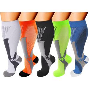 Double Couple 5 Pairs Wide Calf Compression Socks for Men Women Extra Plus Size Knee High Support (XX-Large, Multicolor 01)