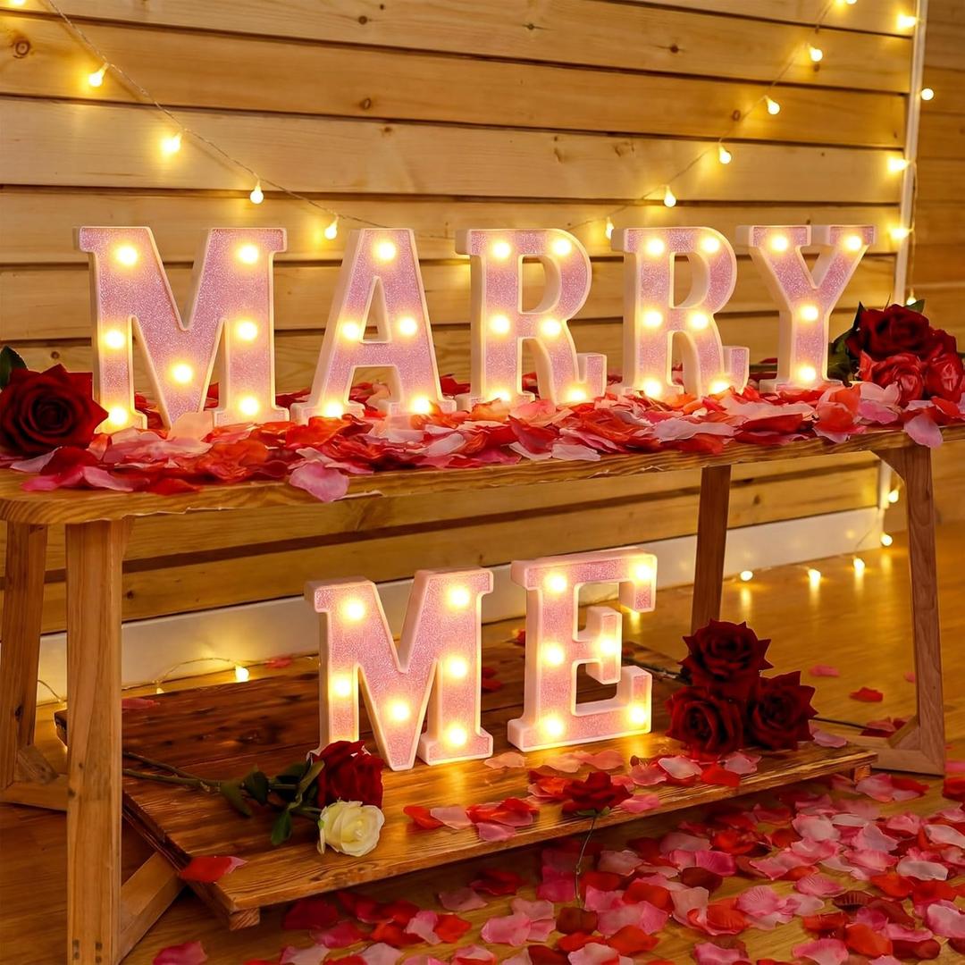 Roowest Marry Me Letters Light Proposal Decorations Set Includes 7 LED 6.3" x 5.5" Romantic Marry Me Sign and 1000 Rose Petals for Proposal Engagement Wedding Decor (Pink Light, Pink and Red)