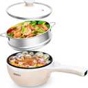 Dezin Hot Pot Electric with Steamer Upgraded, Non-Stick Sauté Pan, Rapid Noodles Electric Pot, 1.5L Mini Pot for Steak, Egg, Fried Rice, Ramen, Oatmeal, Soup with Power Adjustment (Beige 2)