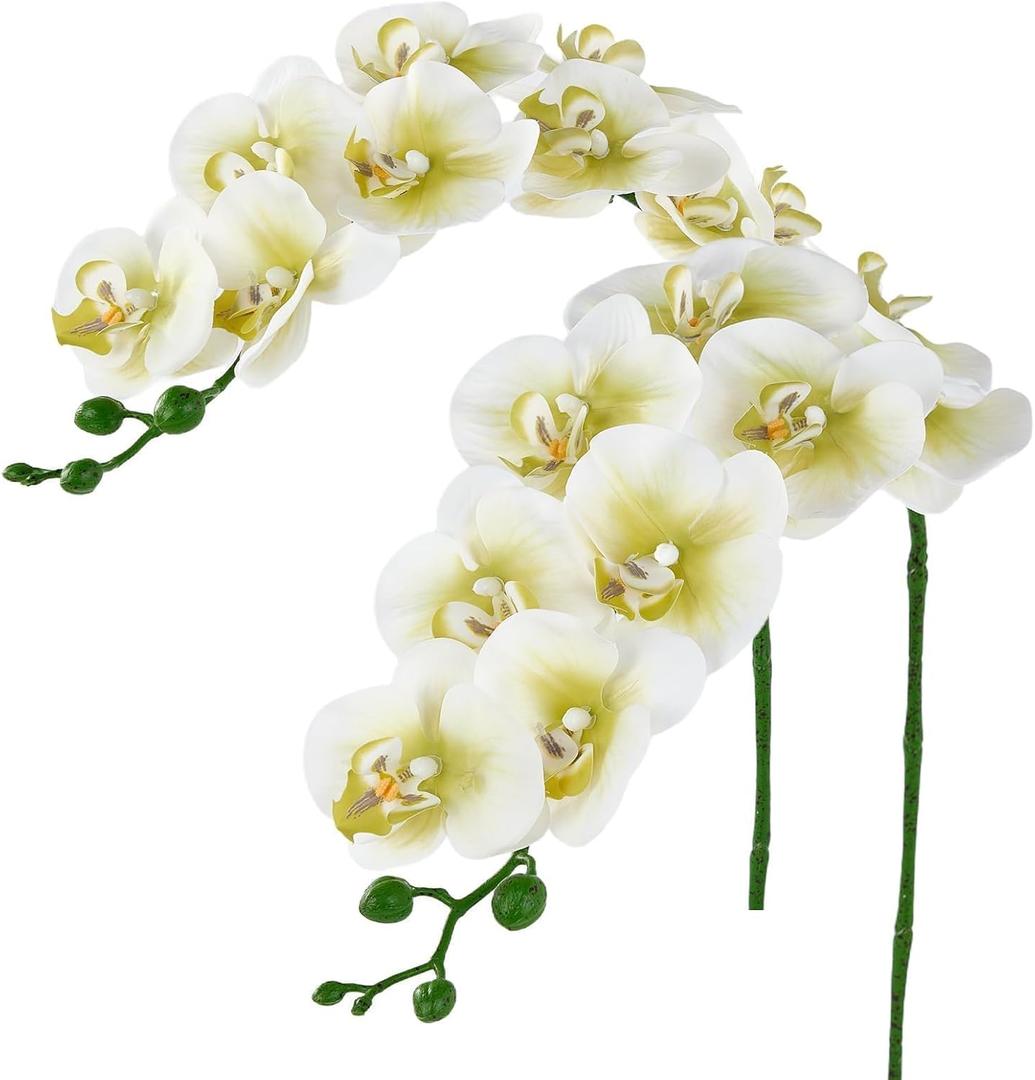 Sherika 38 Inch Orchid Artificial Flowers Real Touch Latex Fake Phalaenopsis Orchid Branches 9 Large Blooms, Faux Orchids Stems for Home Office Wedding Decoration(Green White, 2PCS)