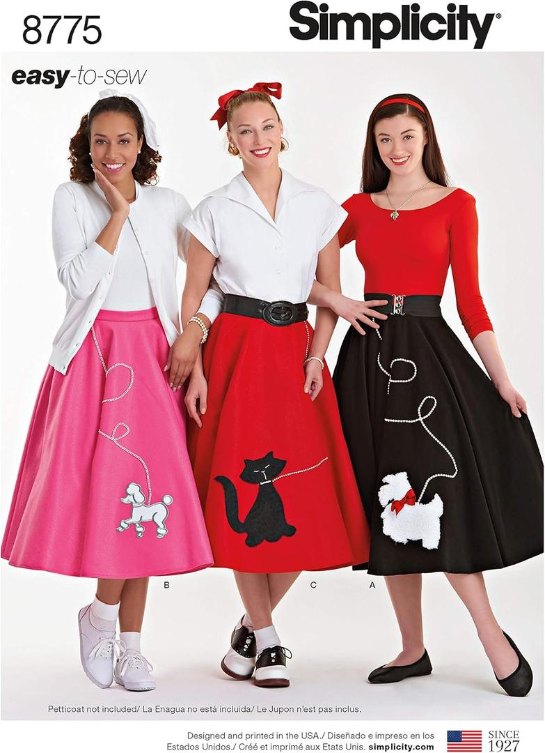 Simplicity 8775 Women's 1950's Vintage Rockabilly Poodle Skirt Sewing Pattern, Sizes 14-22