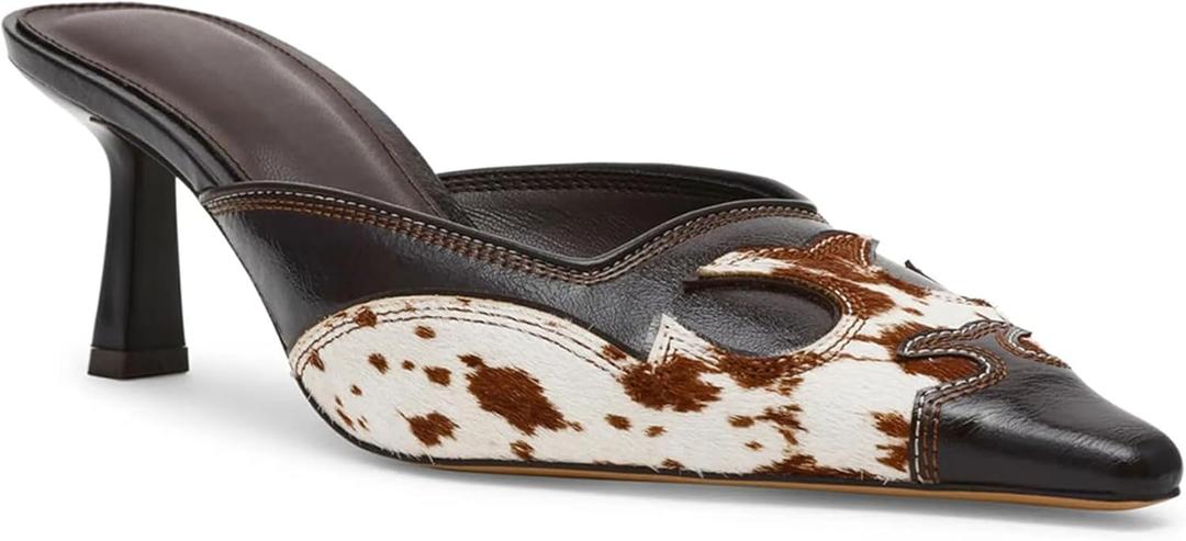 Pointed Toe Mules for Women Suede Slip On Kitten Heels Pumps with Stitching Flame Design Backless Wedding Dress Daily Pump Shoe for Party (9.5, Cow Print)