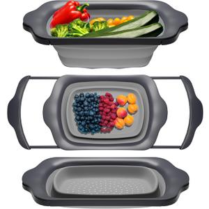 XL Large Kitchen Strainer by Comfify - Collapsible Silicone Over-The-Sink Colander with Extendable Handles - Use with Pasta, Fruit, Berries & Veggie - 6 Quart - Gray