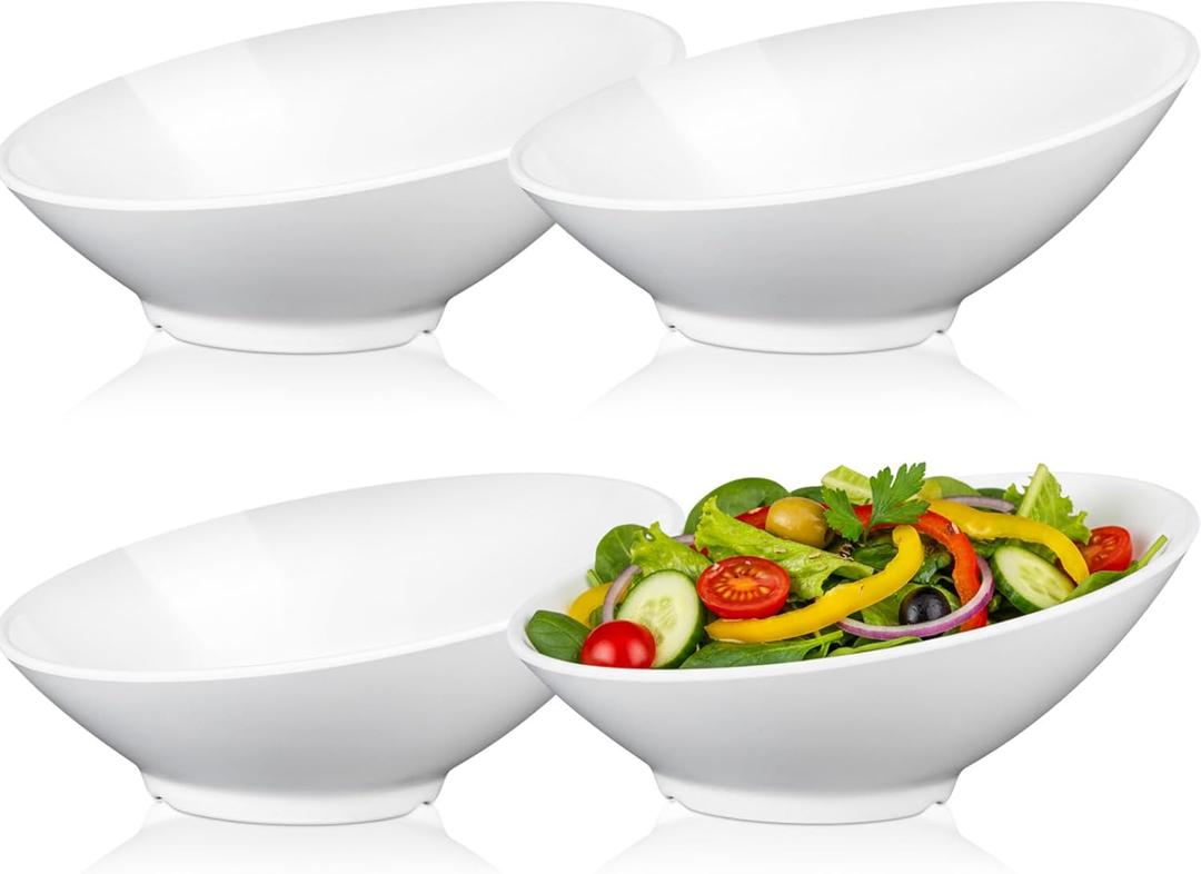 Sawysine 4 Pack 36 oz Melamine Angled Serving Bowls 10 Inch Slanted Salad Bowls White Melamine Bowl for Fruit Snacks Chip Candy Pasta Cereal Soup Prep Restaurant Holiday Wedding Party