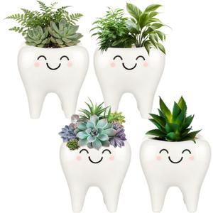 FoldTier Dental Hygienist Gifts Cute Tooth Shaped Planters Ceramic Succulent Cactus Flower Pot Funny Mini Office Pen Holder for Dental Assistant Graduation Accessories Dentist Office Decor(4 Pcs)