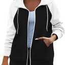 Women's Color Block Full-Zip Hooded Sweatshirt Plus Size Drawstring Pockets Sweatshirt Casual Cotton Loose Outwear LARGE