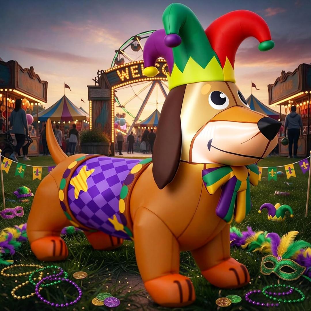 Leyndo 5.3 ft Mardi Gras Inflatable Outdoor Decorations Mardi Gras Dachshund Dog Inflatable Blow up Dachshund Dog with Built-in LED Lights for Holiday Party Indoor Outdoor Garden Lawn Yard Decoration
