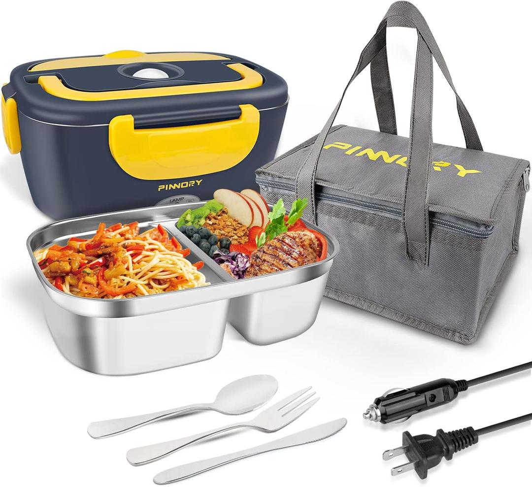 Electric Lunch Box Food Warmer, 80W Food Heater 3 in 1 12/24/110V for Car and Home, Lunch Heating Microwave for Truckers with 304 Stainless Steel Container, Heated Food Box with Tableware