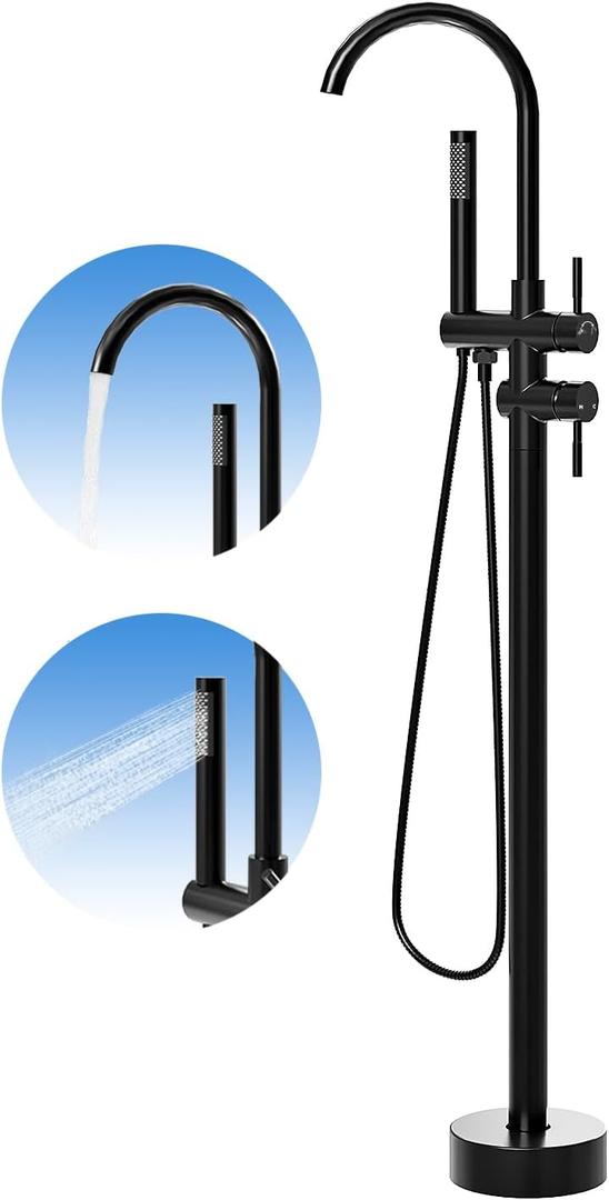 Freestanding Tub Faucet Black Floor Mount Bathtub Faucet, All Metal Tub Shower Faucet Set with High-Flow Swivel Spout and High-Pressure Handheld Shower Head, Matte Black