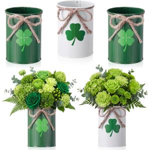 Remerry 3 Pcs St. Patrick's Day Vase Centerpiece, 3.1x4.3 Inches St. Patrick's Day Vase Bow Flower Bucket Shamrock Floral Picks Green Metal Bucket Decor for Table, Galvanized Buckets