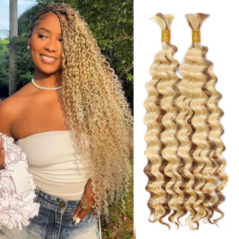 Blonde Human Braiding Hair Deep Water Wave Bulk Human Hair 100g 20 Inch 613 Blonde Curly Human Hair for Boho Braids Hair Extensions No Weft 2 Braids P27/613 Color