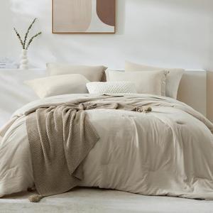 WRENSONGE Light Oatmeal Queen Comforter Set, 7 Pieces Soft Microfiber Comforters Queen Size with Fitted Sheet, Flat Sheet, 2 Pillow Shams, and 2 Pillowcases- Warm Bedding Sets Queen for All Season